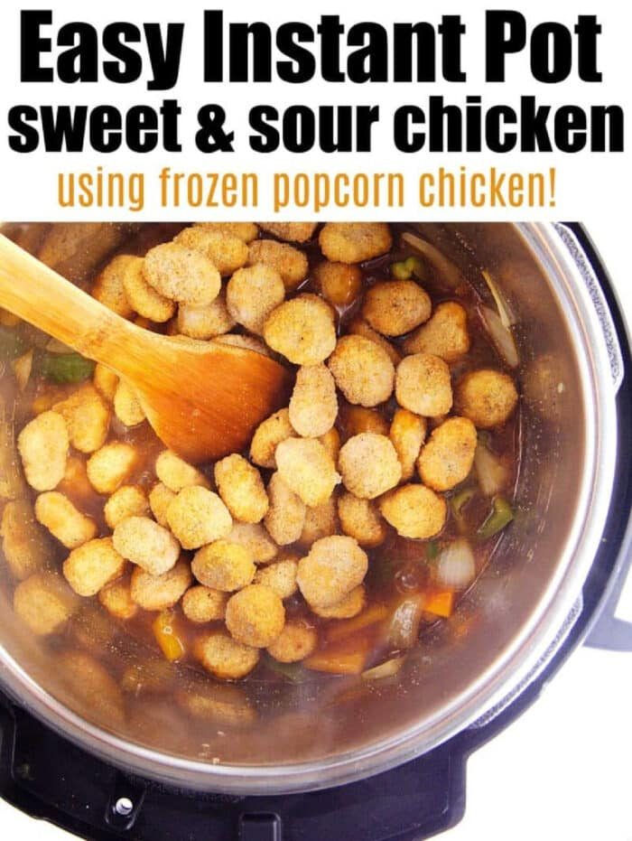 Frozen popcorn chicken in sauce with vegetables being stirred in an Instant Pot with a wooden spoon—solid for making instant pot sweet and sour chicken.
