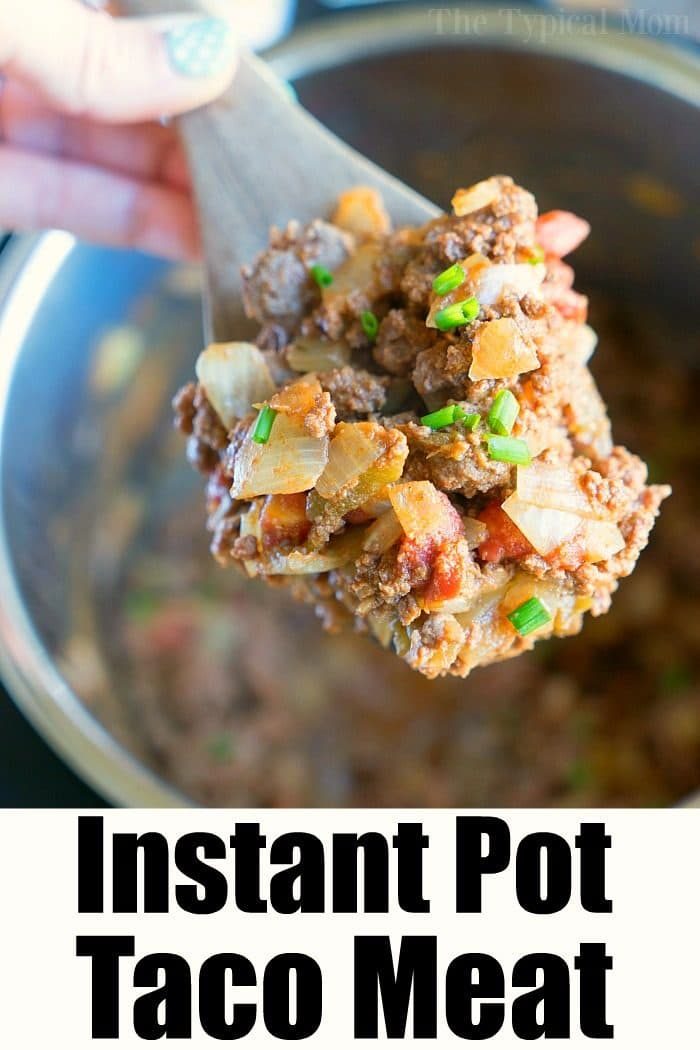 A close-up shows a spoonful of savory taco meat, garnished with fresh onions and chives, hovering above an Instant Pot. Text reads: Instant Pot Taco Meat.