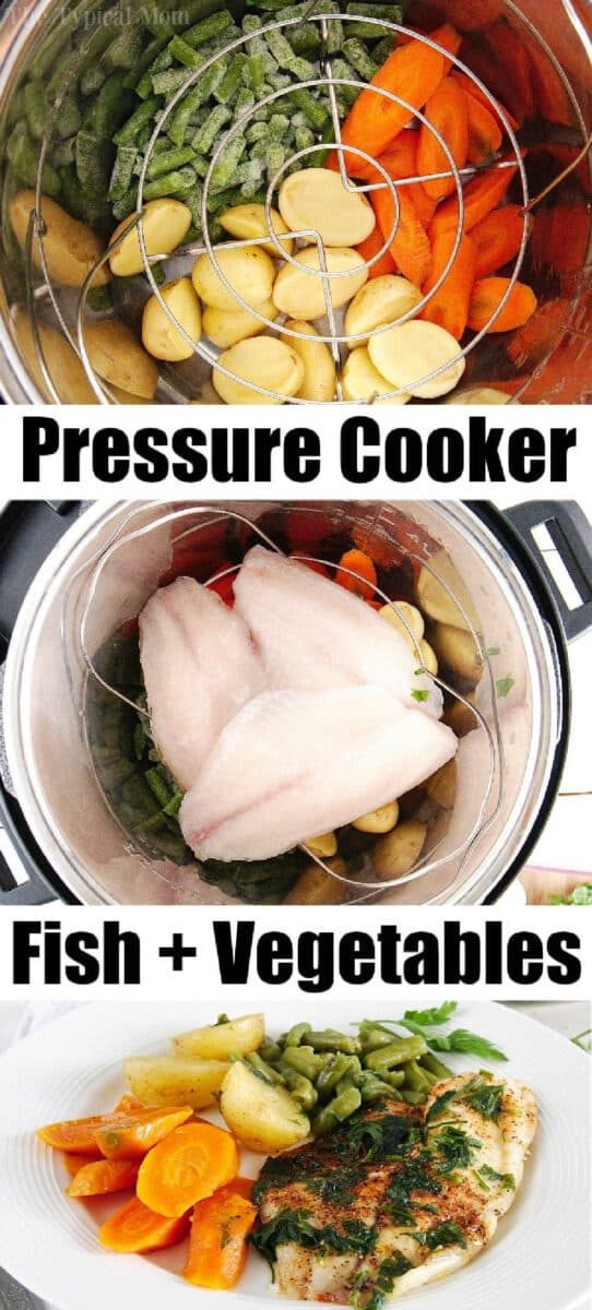 Instant Pot tilapia cooked with carrots, potatoes, and green beans, then served on a plate as a wholesome meal.