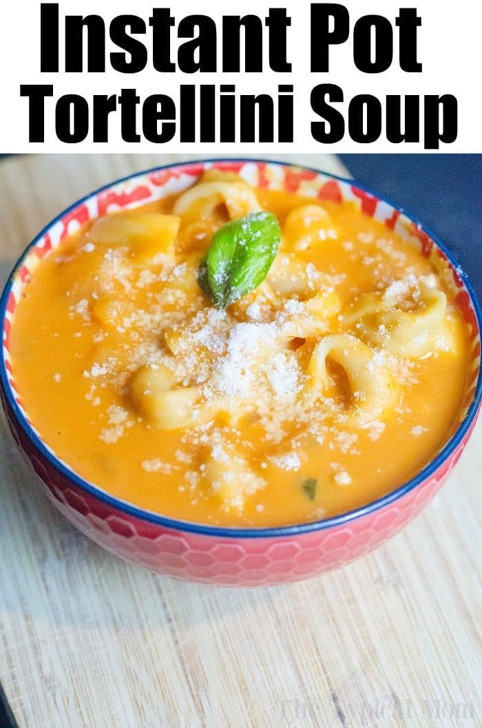 A bowl of tortellini soup topped with grated cheese and a basil leaf evokes the comforting essence of an instant pot creation, resting gracefully on a wooden surface.