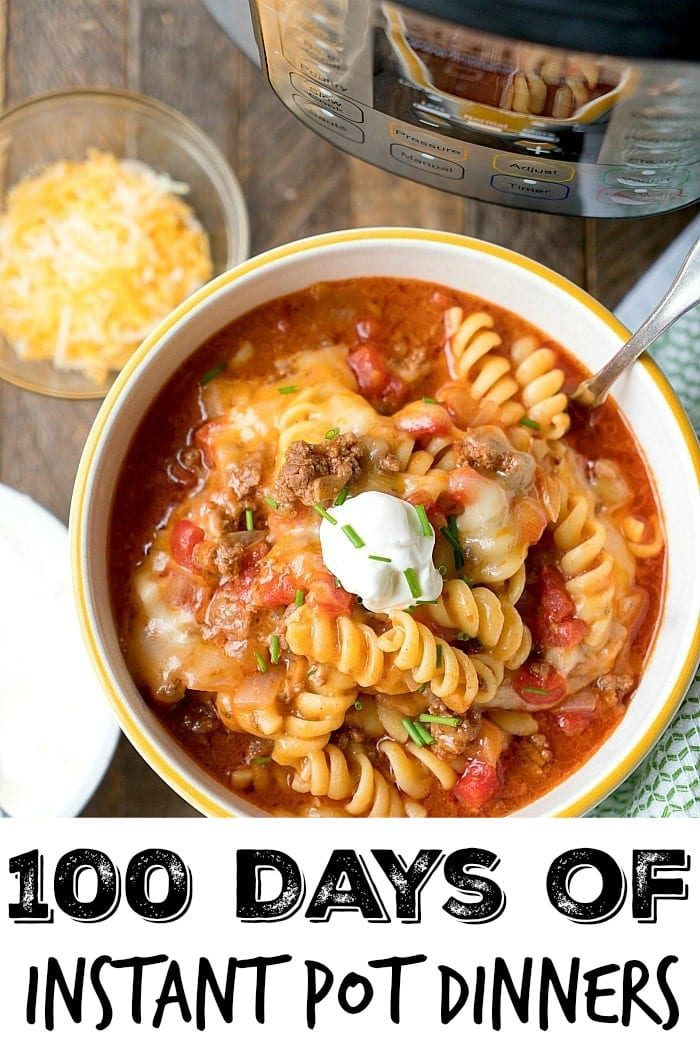 A bowl of pasta with spaghetti sauce, cheese, and sour cream sits enticingly in front of an Instant Pot. Text reads: 100 Days of Instant Pot Dinner Recipes.