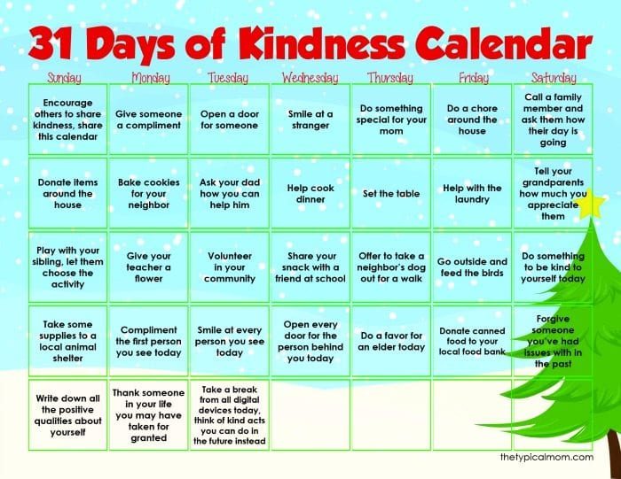 The Kindness Calendar offers 31 days of inspiration, with daily acts like giving compliments, helping neighbors, and volunteering.
