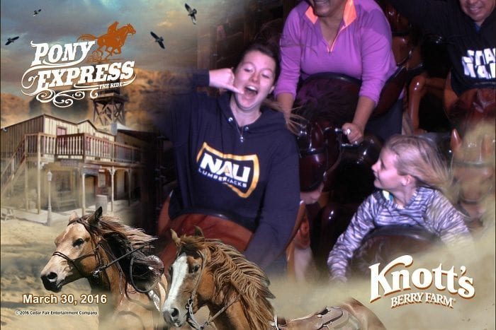 People enjoying a thrilling ride on the Pony Express roller coaster at Knott's Berry Farm, captured in a lively FunPix image. The date on the image is March 30, 2016.