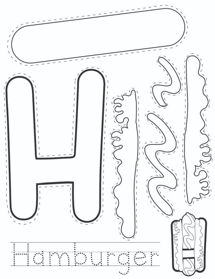 Cut-out shapes for hamburger parts, paired with a fun activity of learning the alphabet, with "Hi" and "Hamburger" written below.
