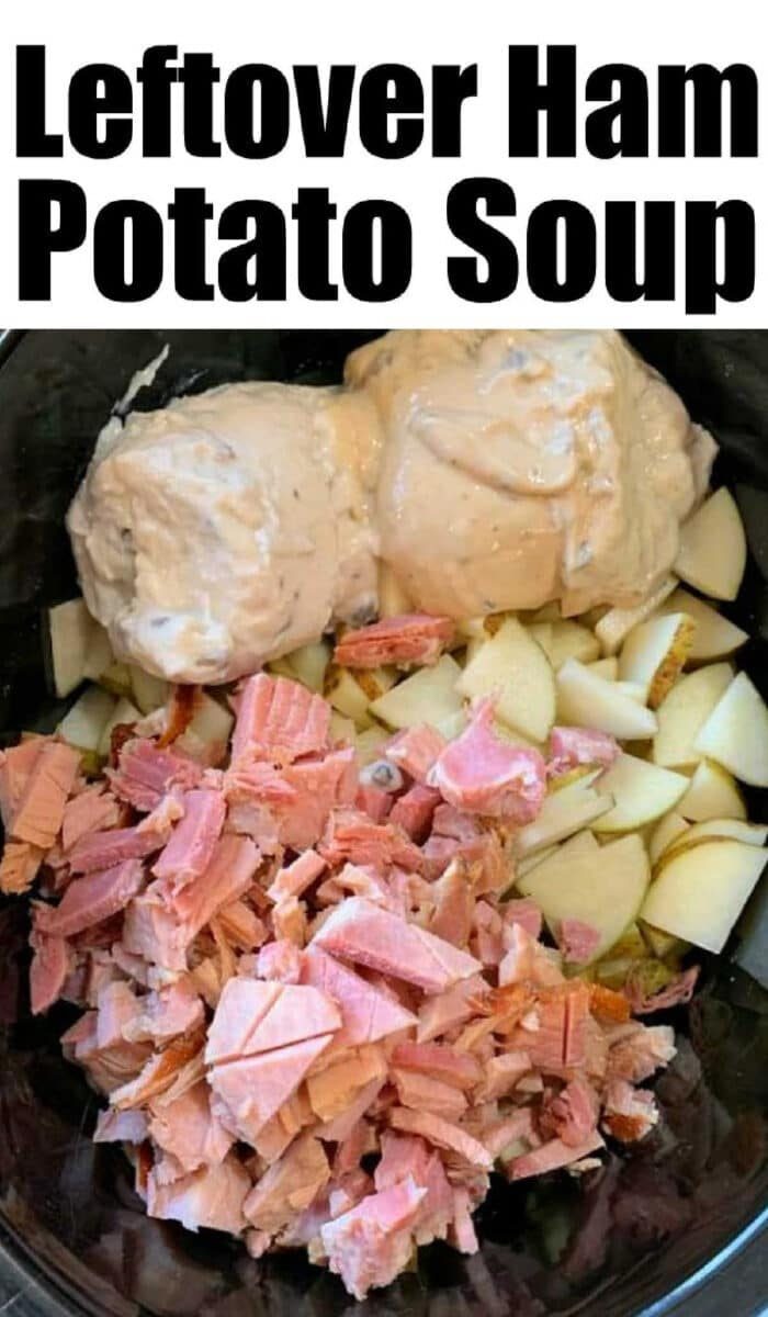Chopped ham, diced potatoes, and creamy soup mix in a bowl come together for a Crockpot loaded baked potato soup that's solid for using up leftover ham.