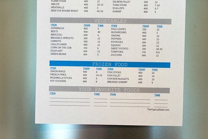 air fryer cook chart