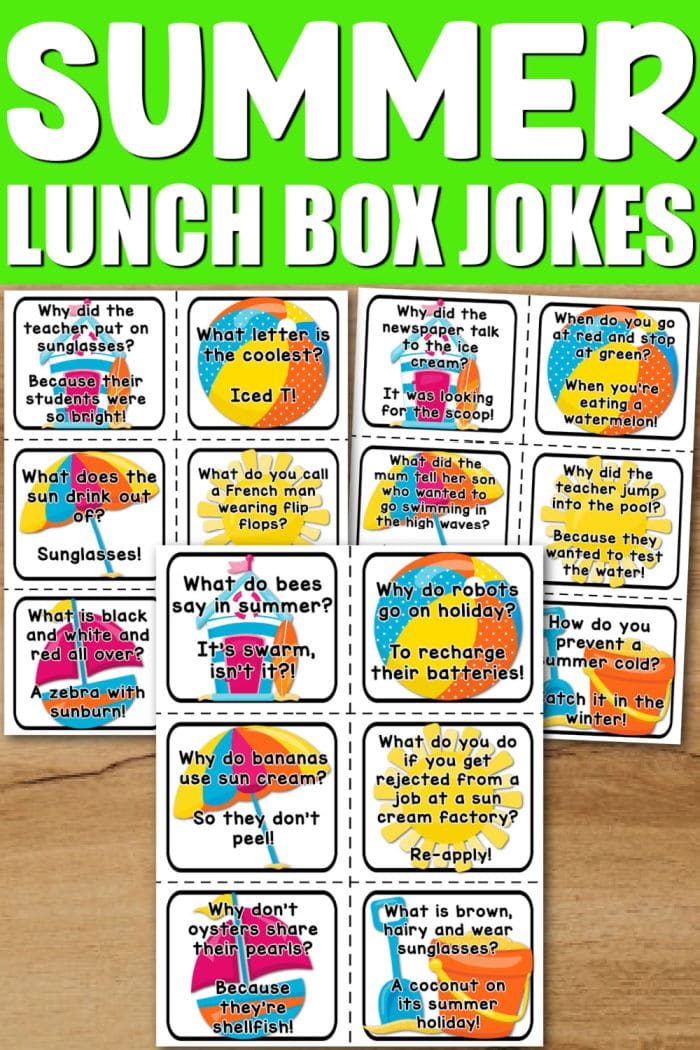 A vibrant collection of summer-themed lunch box jokes for kids is charmingly arranged on a wooden surface.