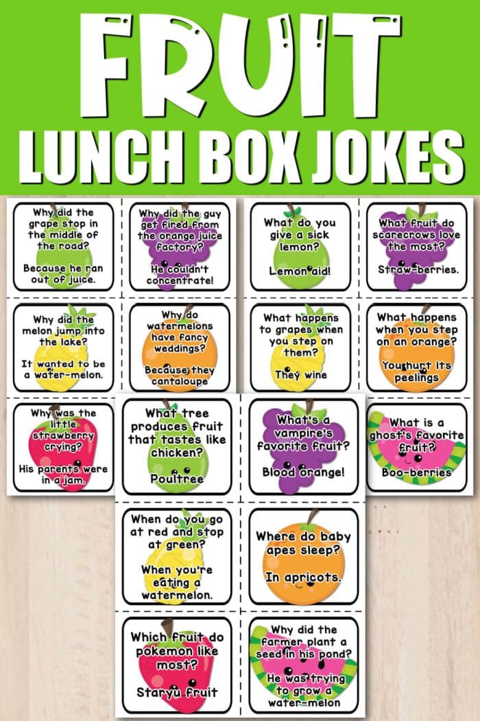 Colorful lunch box jokes for kids featuring fruits and playful puns on a bright green background.