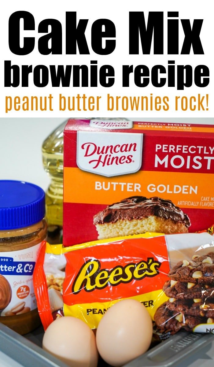 Ingredients for peanut butter brownies: cake mix, creamy peanut butter, Reese's candy pieces, and eggs.