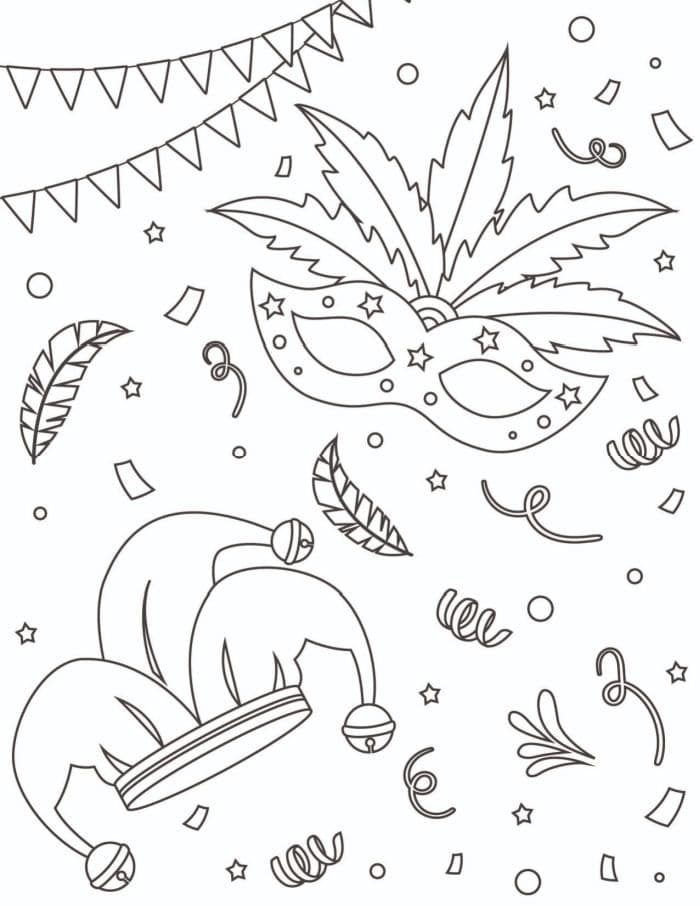 Festive line art featuring a mardi gras mask, jester hat, streamers, confetti, and party decorations, solid for Mardi Gras coloring pages.