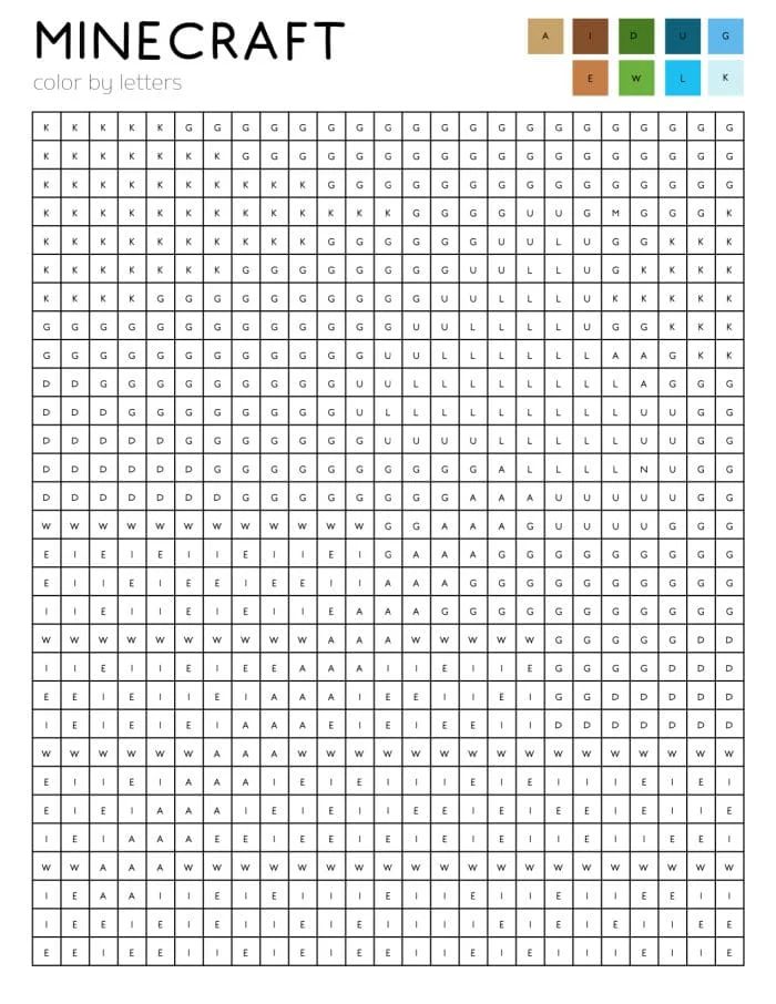A Minecraft Color by Number color-by-letters grid with a key for six colors labeled A, P, U, G, E, W, and K.