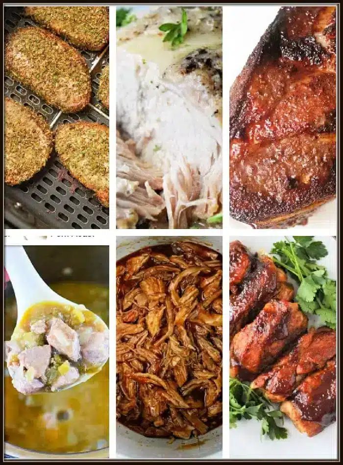 A collage of six images showcases Ninja Foodi pork recipes: seasoned bread slices, sliced white meat with sauce, glazed meat with crispy skin, a savory meat stew in a bowl, shredded pork in sauce, and sliced meat garnished with herbs.
