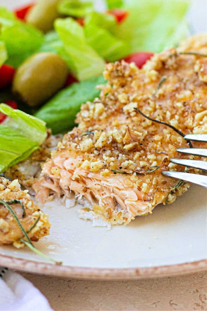 Pecan crusted trout filet with a fork, accompanied by a fresh salad of lettuce, tomatoes, and olives on a white plate.