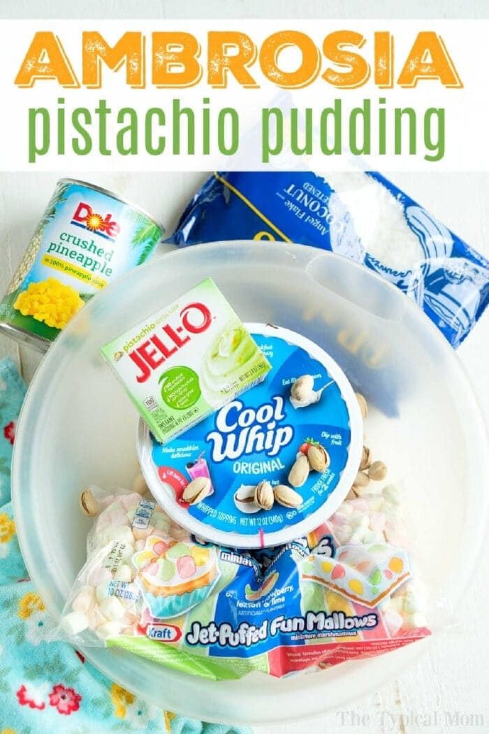 Ingredients for pistachio pudding ambrosia: Cool Whip, Jell-O, pineapple, coconut, marshmallows, and pistachio mix.