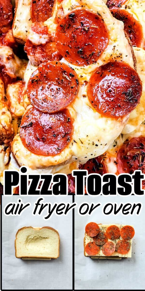 Slices of bread topped with cheese and pepperoni create Grilled Cheese Pizza Toast, easily made in an air fryer or oven.