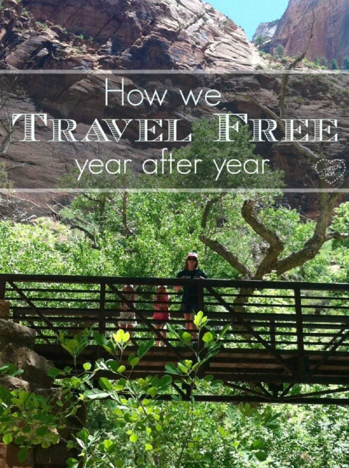 Person and child stand on a wooden bridge in a lush canyon; text reads, How we travel free year after year—discovering places you can camp for free.