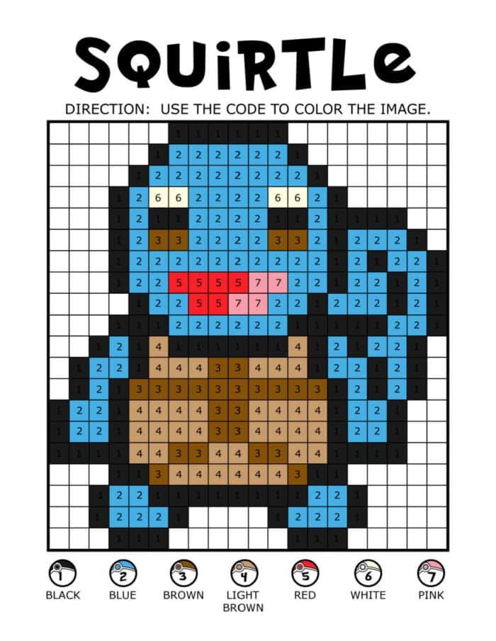 This Pokemon pixel art features a color-by-number grid image of a cartoon turtle character, complete with a black border and vibrant blue, brown, and red sections.