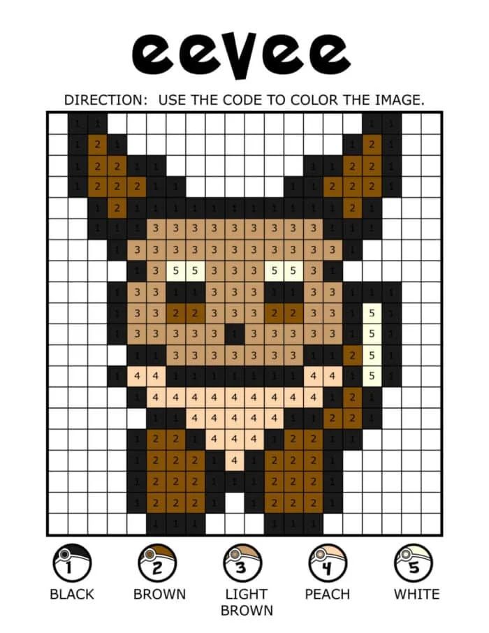 A Pokemon Pixel Art color-by-number of Eevee featuring a code for black, brown, light brown, peach, and white shades.