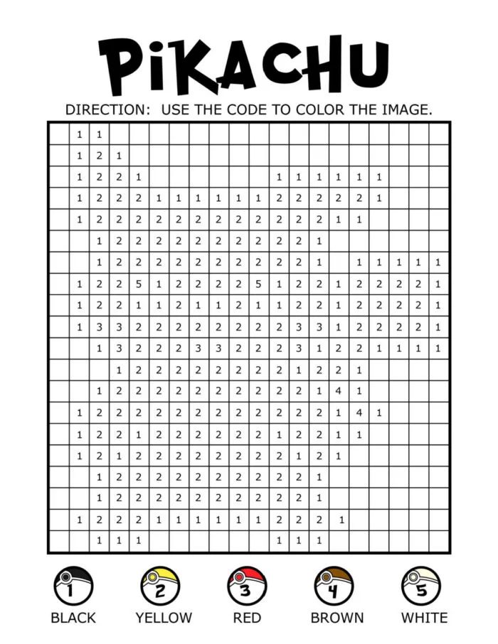 A Pokemon Pixel Art Pikachu color-by-number grid with codes for black, yellow, red, brown, and white at the bottom.