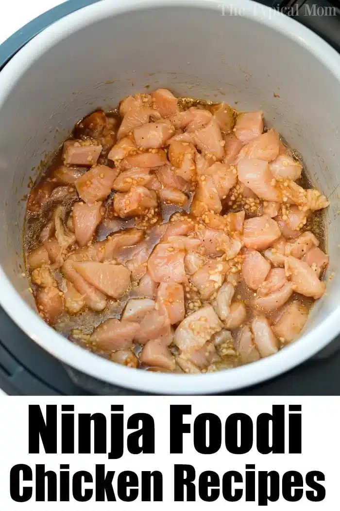 Raw diced chicken with seasoning in a Ninja Foodi pot, solid for pressure cooker cashew chicken. Text: Ninja Foodi Chicken Recipes.