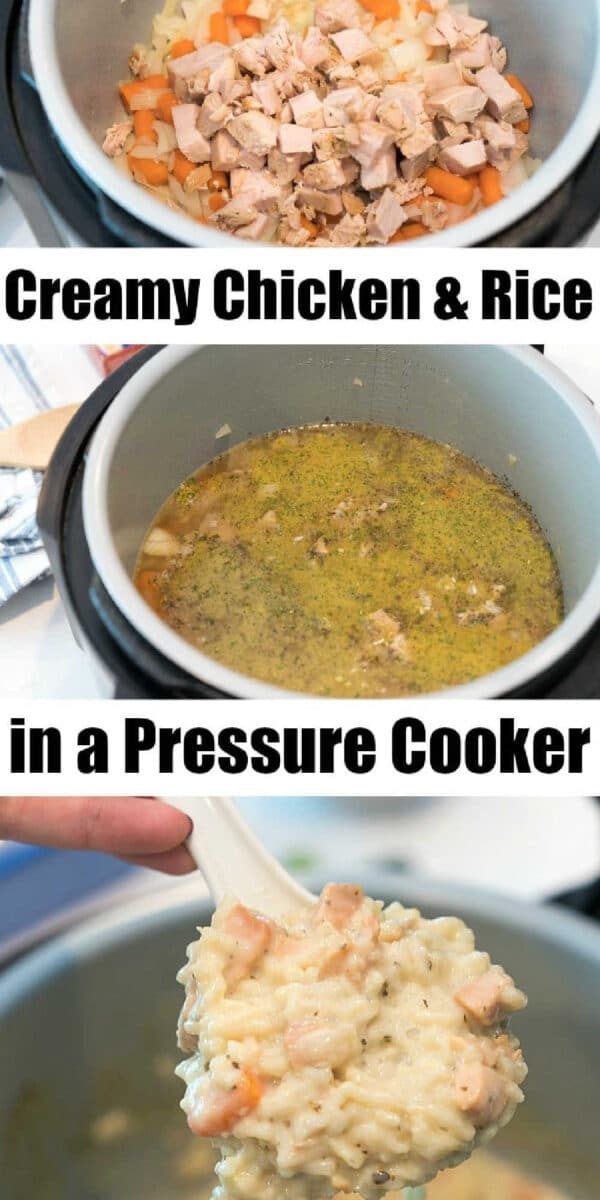 Chopped chicken, carrots, and rice are cooked together in a pressure cooker to make a good creamy chicken and rice casserole.