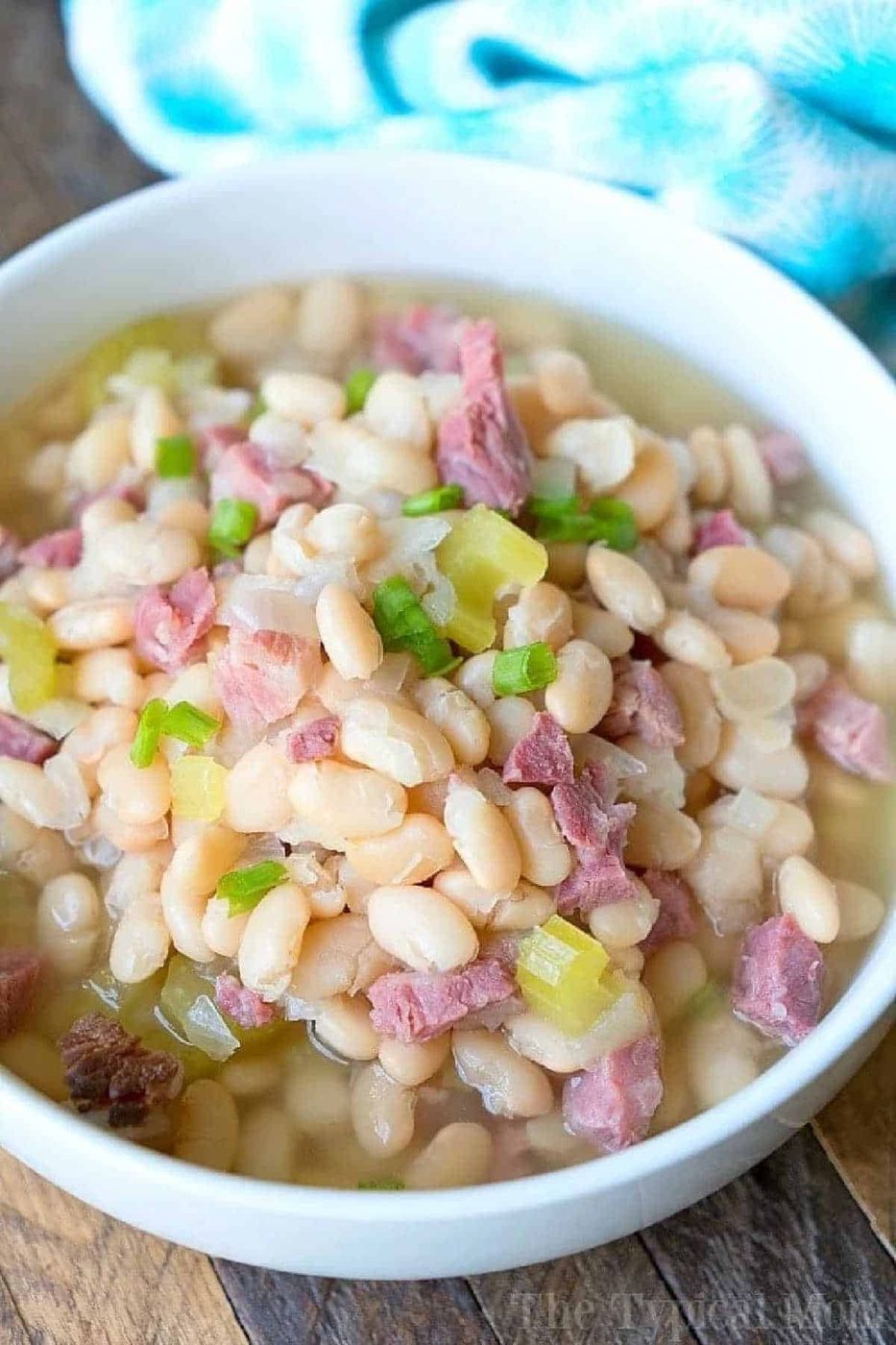 A bowl of pressure cooker ham and beans soup featuring tender white beans, chunks of ham, celery, and a garnish of chopped green onions.
