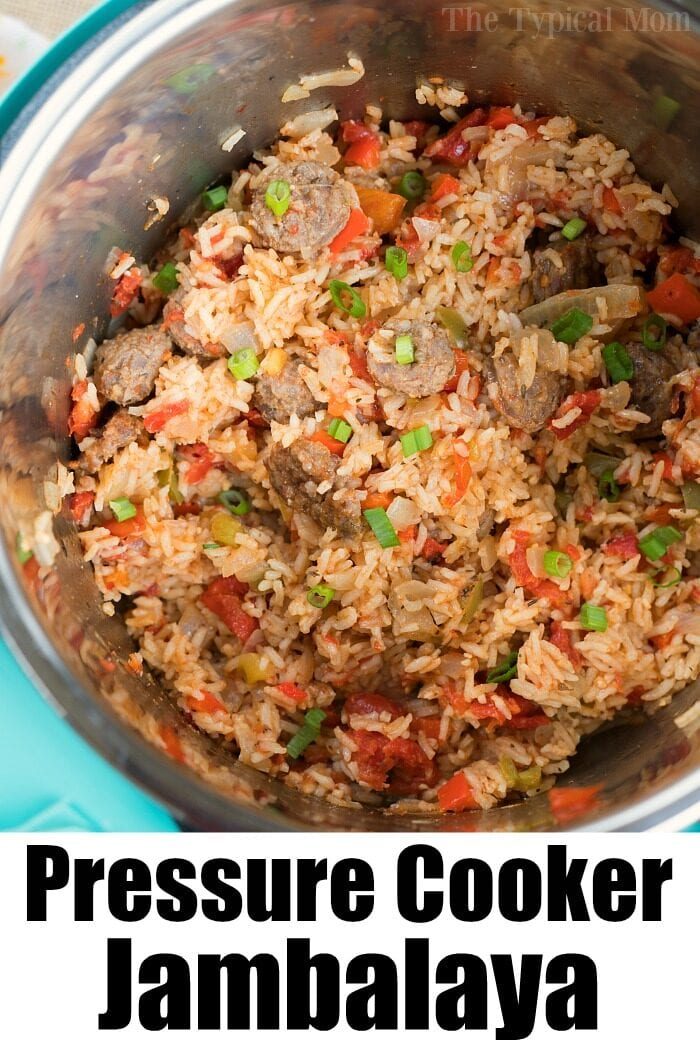 A steaming pot of hearty jambalaya, brimming with rice, tender meat, and vibrant vegetables, all perfectly cooked in a pressure cooker.