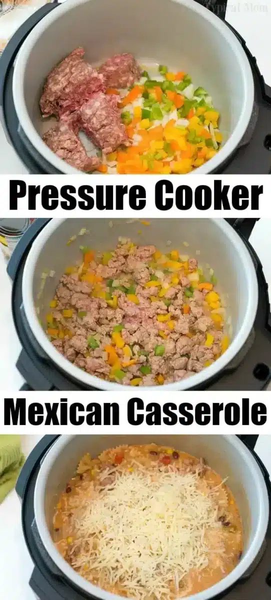 To create a mouthwatering Mexican casserole in a pressure cooker, follow these three steps: Start with raw ground meat and diced peppers as the base. Then layer with cooked meat, softened peppers, and onions. Finish by adding a mixture of ingredients topped with shredded cheese for a good result.