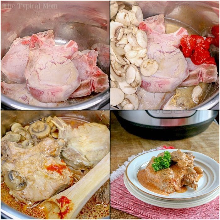 Collage of pork chops in insteant pot, with mushrooms and tomatoes, reminiscent of hearty pressure cooker recipes, served on a plate with garnish.