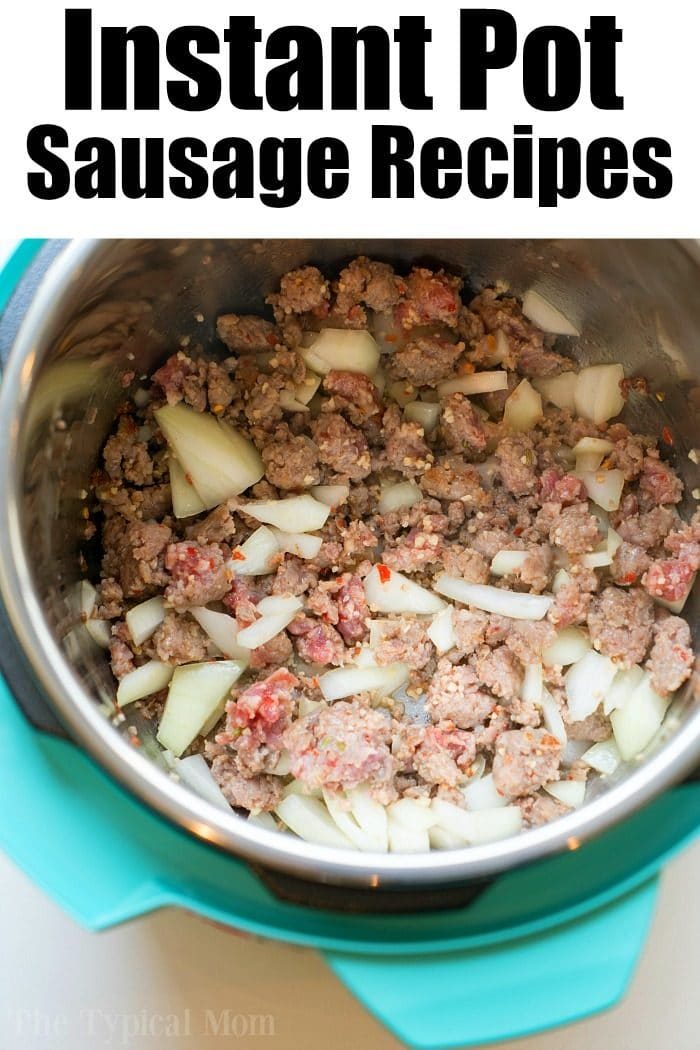 Chopped sausage, diced onions, and shredded cabbage are simmering inside an Instant Pot. The image highlights good pressure cooker sausage recipes you can try at home.