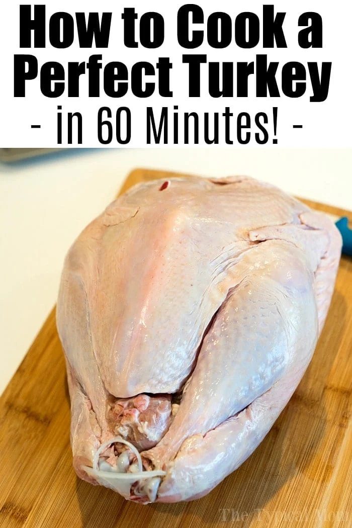 Raw whole turkey on a wooden cutting board with text above: How to Cook a solid Turkey in 60 Minutes!.