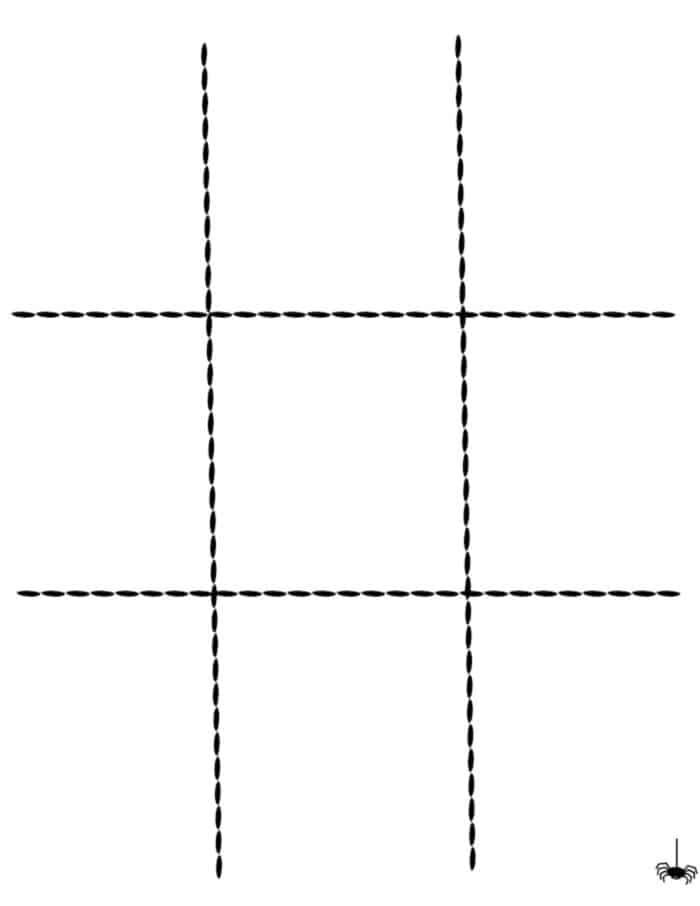A simple tic-tac-toe grid with black dashed lines on a white background, solid for a printable Halloween scavenger hunt. A small spider illustration creeps in the bottom right corner, adding a festive touch.
