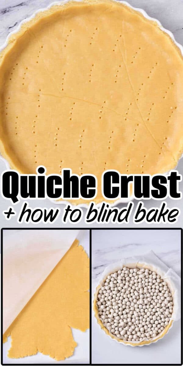 Unbaked quiche crust in a tin, rolled dough, and quiche crust with pie weights ready for blind baking.