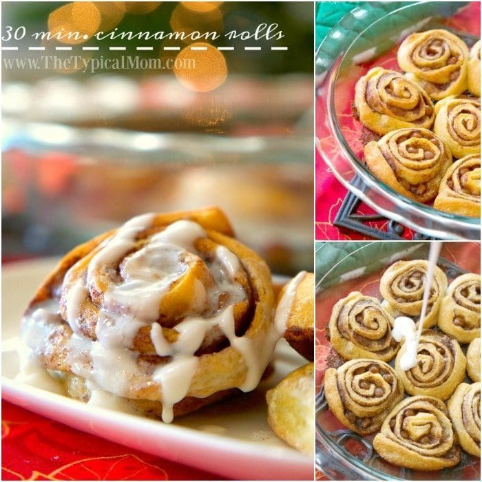 Close-up of Crescent Roll Cinnamon Rolls on a plate and in a baking dish, with icing being drizzled on top.