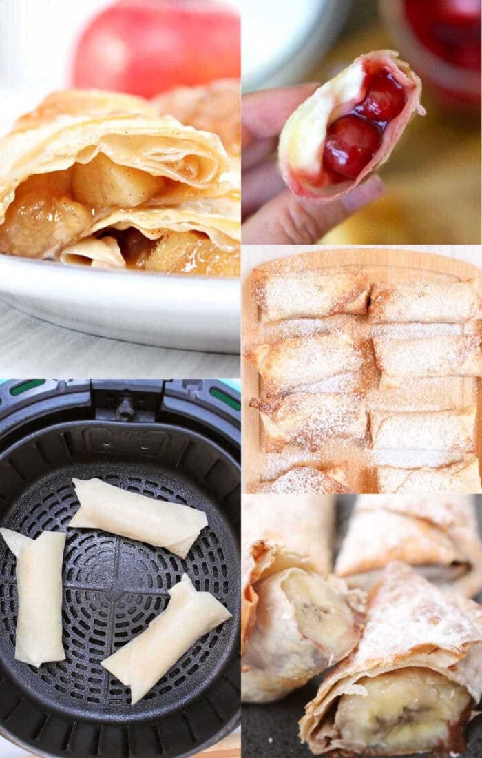 Collage of fruit-filled pastry rolls made with egg roll wrappers, some baked, some cut open, and others placed in an air fryer basket—solid for discovering new recipes using egg roll wrappers.
