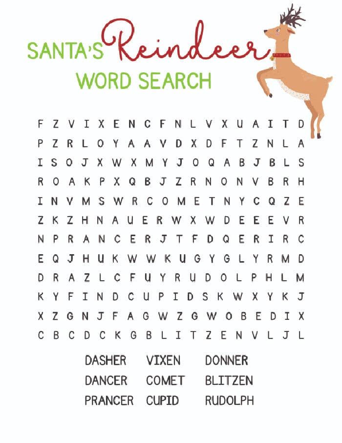 Discover the "Santa's Reindeer Word Search," featuring words like Dasher, Vixen, and Rudolph. Accompanied by an illustration of a reindeer in the top right corner, this puzzle is the solid complement to your reindeer coloring pages collection.