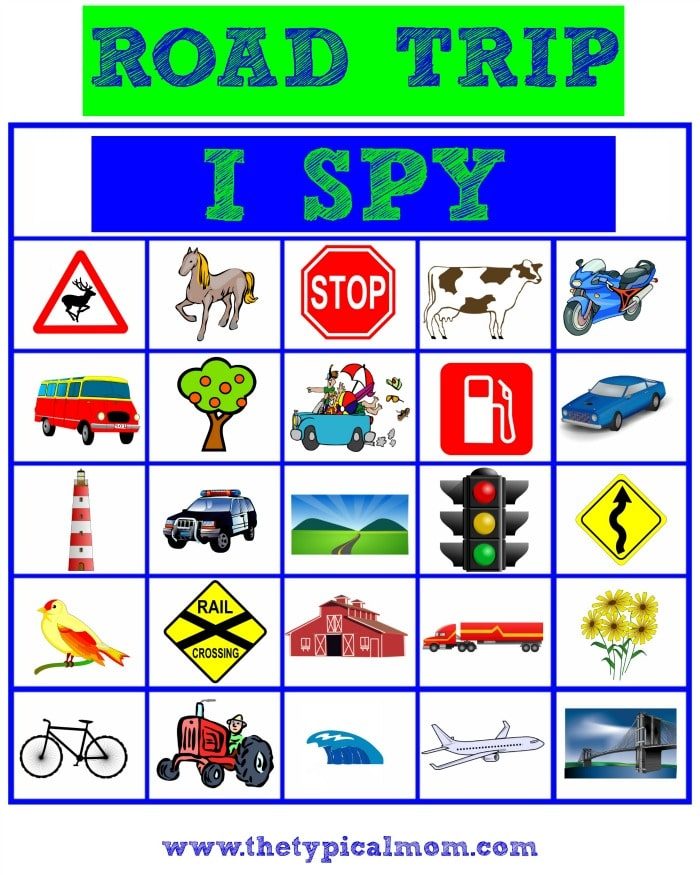 Road trip we Spy game sheet featuring a Nature Scavenger Hunt list with images of road signs, vehicles, animals, and nature.