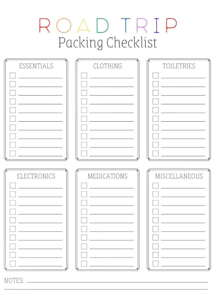 Road trip packing list with sections for essentials, clothing, toiletries, electronics, medications, and miscellaneous. Each section includes handy checkboxes. A notes section awaits your thoughts at the bottom. The title beams in colorful letters.