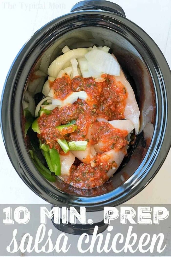 Raw chicken, onions, and green peppers for slow cooker salsa chicken—10 min. prep!.