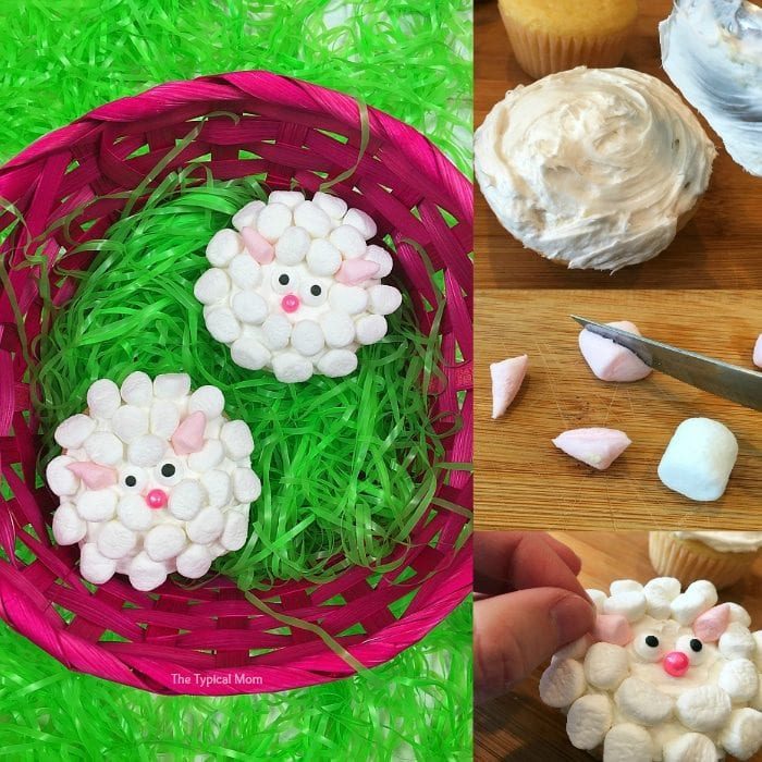 Easter basket adorned with two adorable sheep cupcakes nestled on green grass. Nearby, the delightful process of creating these sheep treats unfolds, using marshmallows, frosting, and sprinkles to solid the whimsical design.