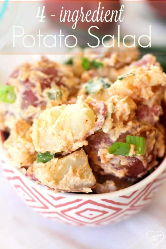 A bowl of potato salad with chopped green onions, labeled 4-ingredient Potato Salad, solid for those seeking a potato salad no mayo recipe.