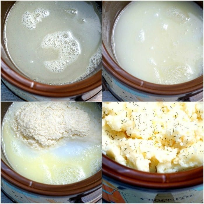 Four stages of cooking grits in a crockpot are depicted. The first image shows the grits in water, beginning to cook. The second image shows the mixture thickening, similar to slow cooker mashed potatoes. The third image displays the addition of butter, while the fourth showcases fully cooked grits topped with herbs.