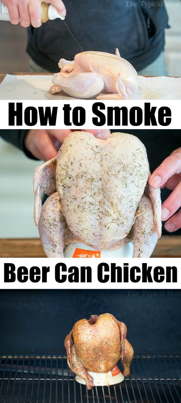 Three-panel guide illustrating steps to prepare and cook smoked beer can chicken on smoker.