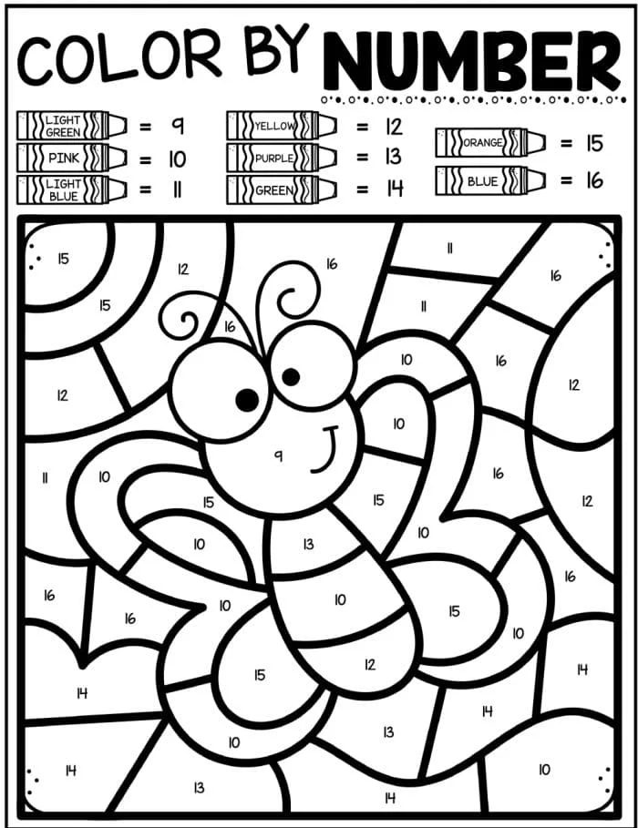 A delightful spring color-by-number worksheet featuring a cartoon butterfly. The number codes at the top align with vibrant colors like light green, yellow, and blue. Each section of the butterfly's wings is carefully labeled for coloring fun.