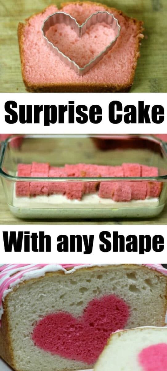 Three-step guide showing how to make a surprise inside cake—a loaf cake with a hidden pink heart shape inside.
