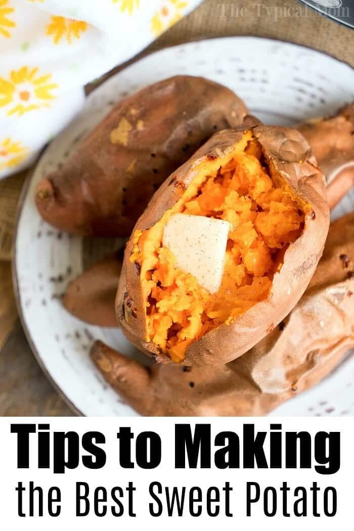 Sweet potato with a slice of butter on a plate. Discover tips to making the best sweet potato, including how to achieve crispy perfection by using a sweet potato in the air fryer.