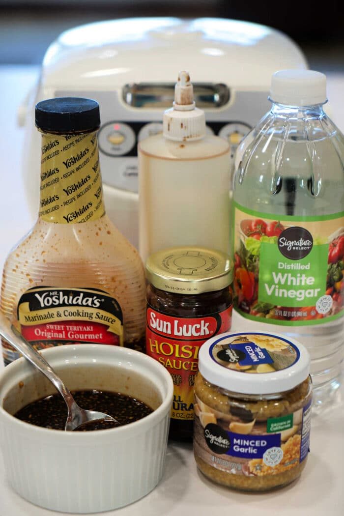 Various Asian sauces, minced garlic, vinegar, and a bowl of mixed sauce sit in front of a rice cooker—solid accompaniments for Teriyaki Salmon Bites.