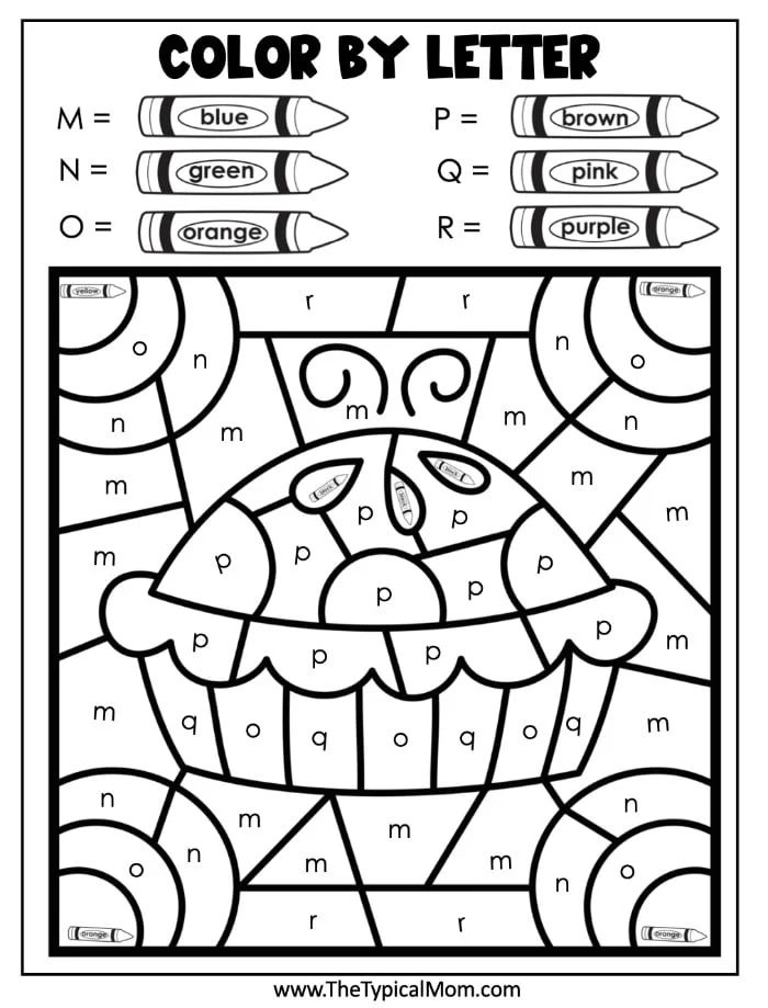 Enjoy this fun Thanksgiving color-by-letter activity sheet featuring a festive cupcake! The color key at the top indicates: M = blue, O = green, N = orange, P = brown, Q = pink, R = purple. Sections of the cupcake are marked with corresponding letters for a vibrant holiday masterpiece.