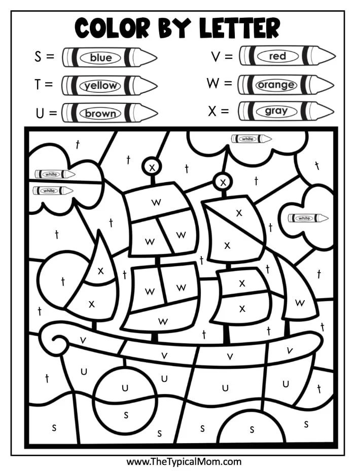 Thanksgiving color-by-letter activity page featuring a ship. Letters M, S, T, U, V, W, and X correspond to colors blue, red, yellow, orange, brown, gray, and white. Crayons illustrating color assignments are at the top. solid for festive fun!