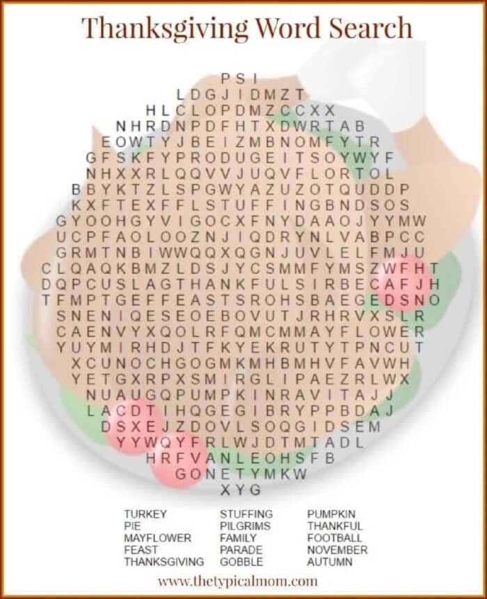 Thanksgiving word search puzzle featuring themed words to find, all set over an inviting image of a turkey dinner. solid for holiday fun!.